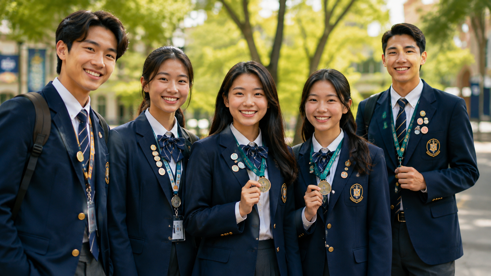 Students wearing custom pins, medals and lanyards